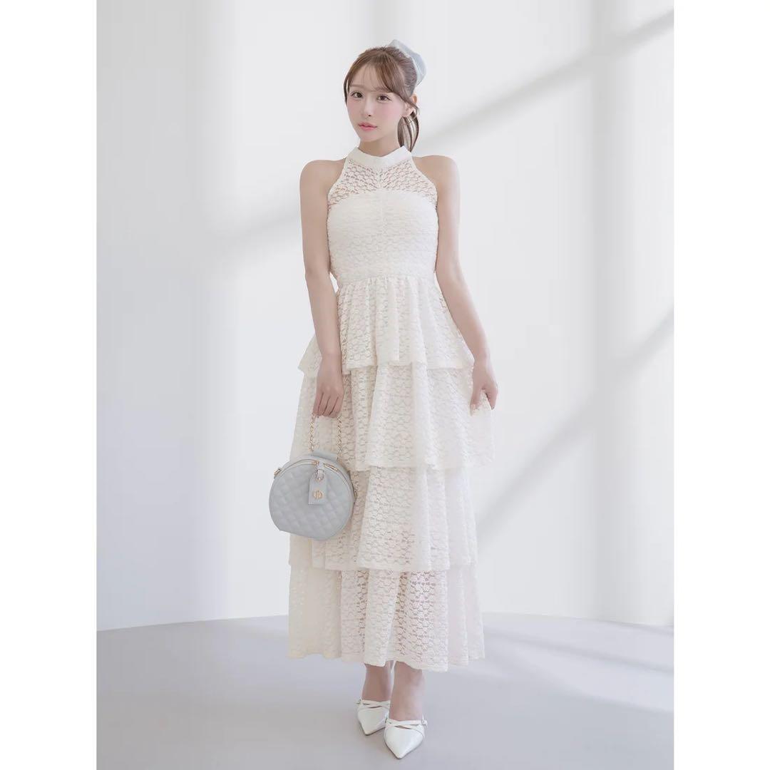 新品タグ付き ダーリッチ バックリボンフラワーレースティアードロングドレス 白