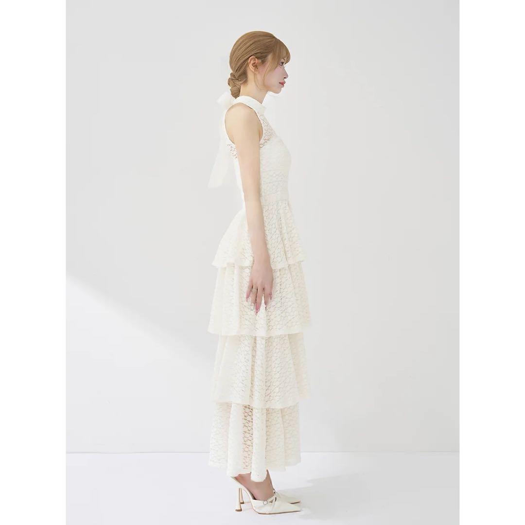 新品タグ付き ダーリッチ バックリボンフラワーレースティアードロングドレス 白