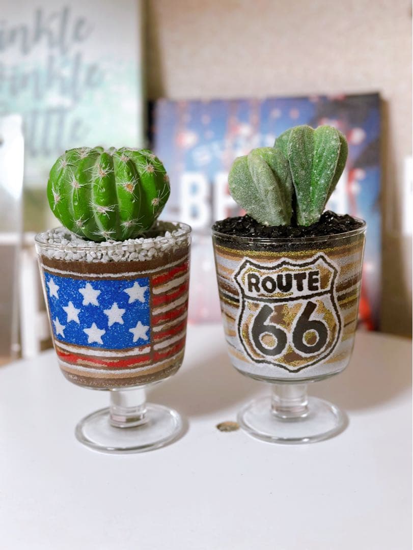 サボテン鉢セット アメリカ国旗・ルート66 カラーサンドアート