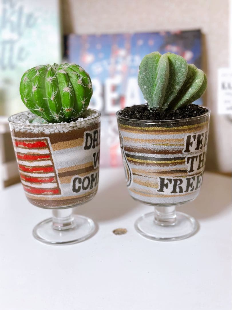 サボテン鉢セット アメリカ国旗・ルート66 カラーサンドアート