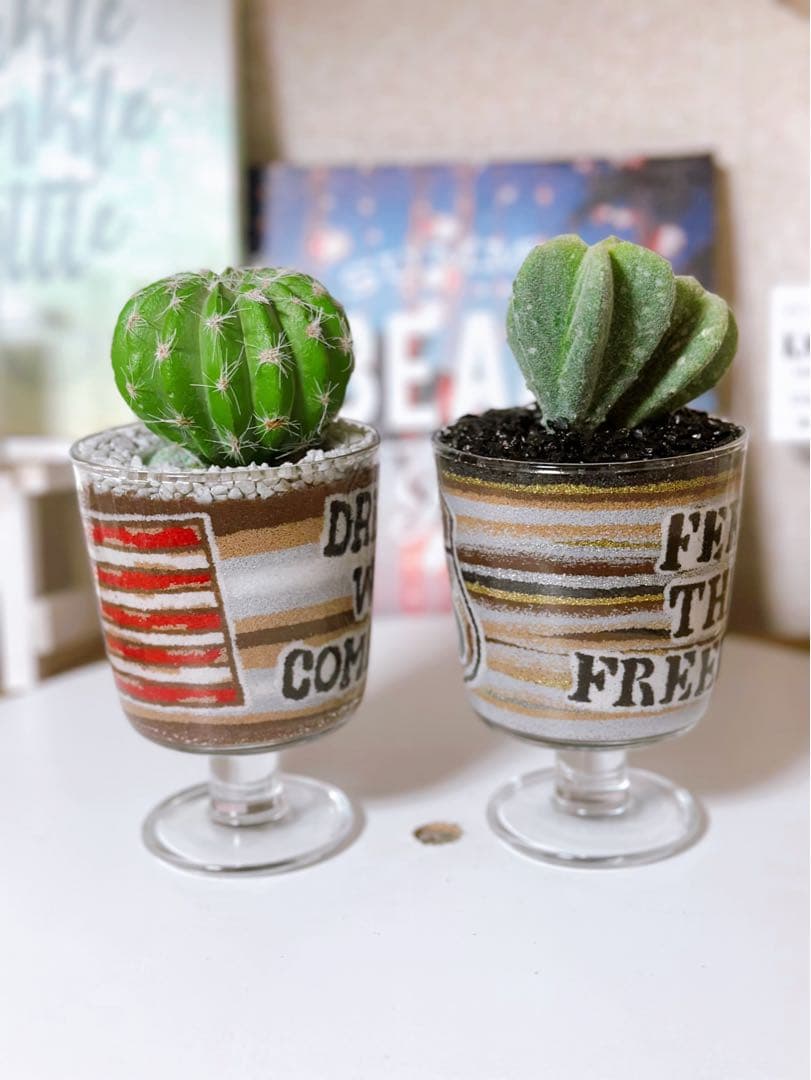 サボテン鉢セット アメリカ国旗・ルート66 カラーサンドアート