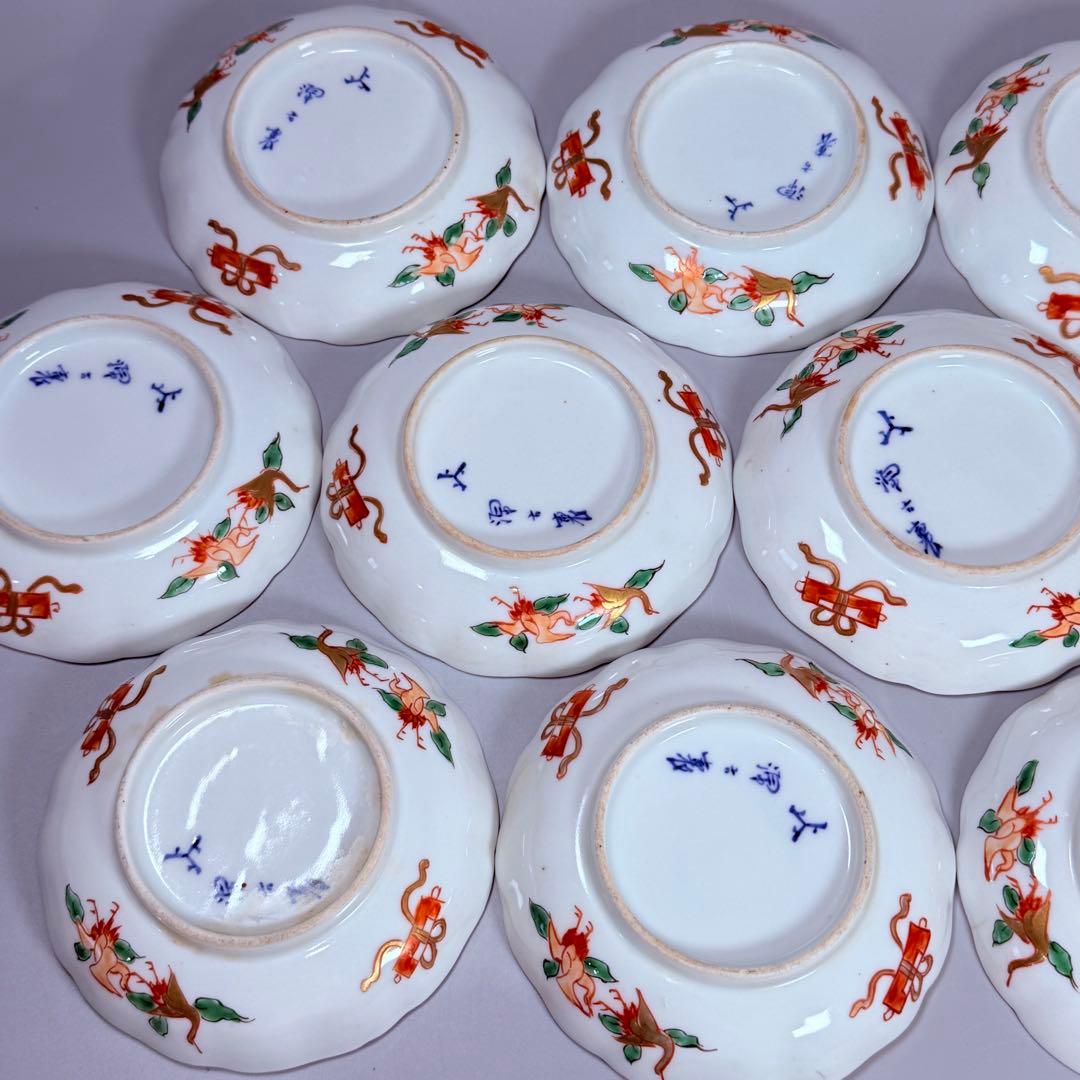 明治末～大正期　幻の窯元　源六窯　　　色絵扇松鶴文小皿　10枚　直径11.6㎝