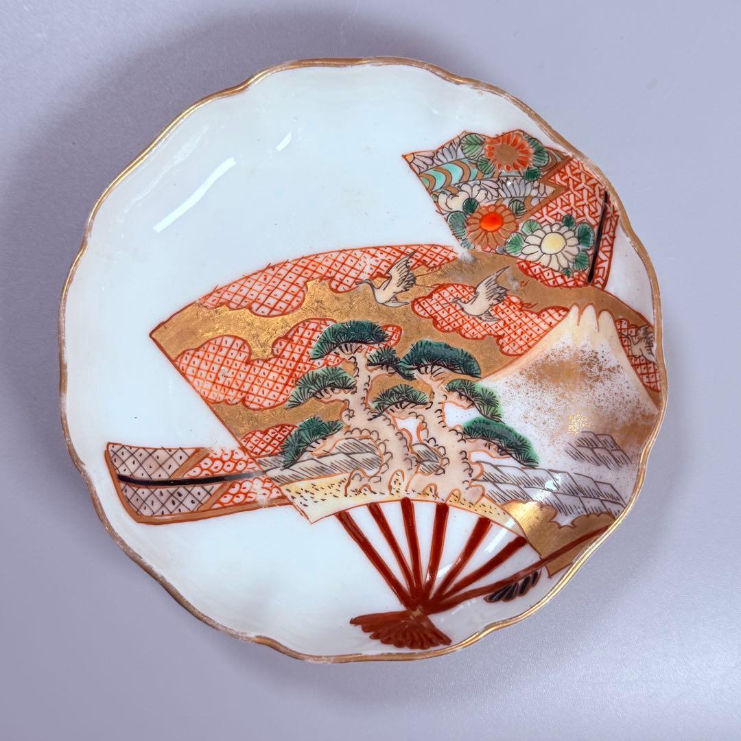 明治末～大正期　幻の窯元　源六窯　　　色絵扇松鶴文小皿　10枚　直径11.6㎝