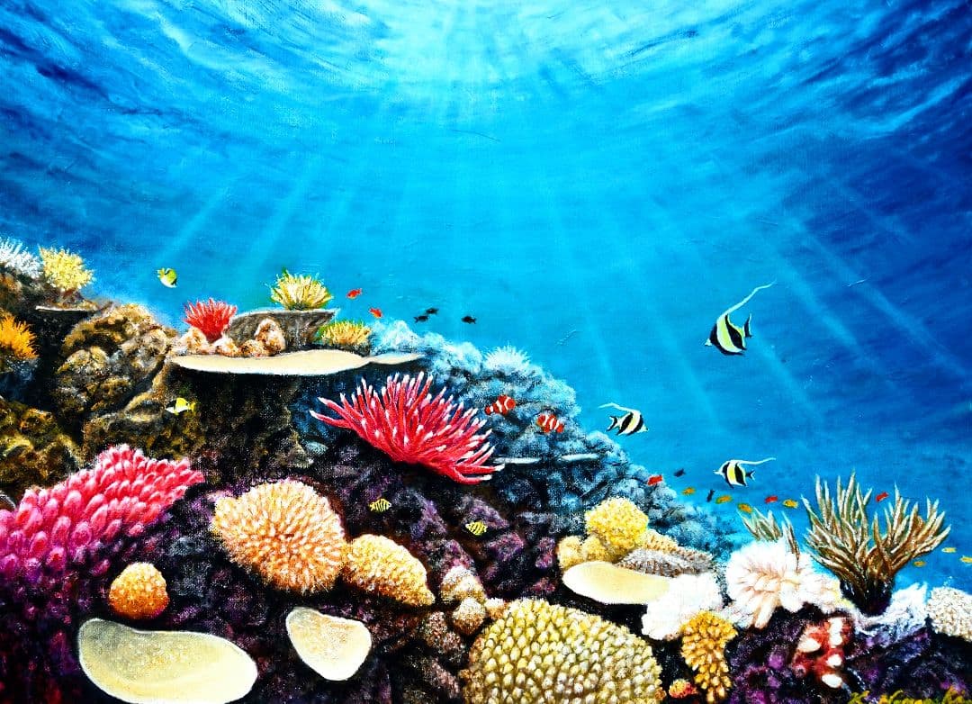 【Popon】油絵 絵画「魚たちの海中公園」 油彩画 原画 P20