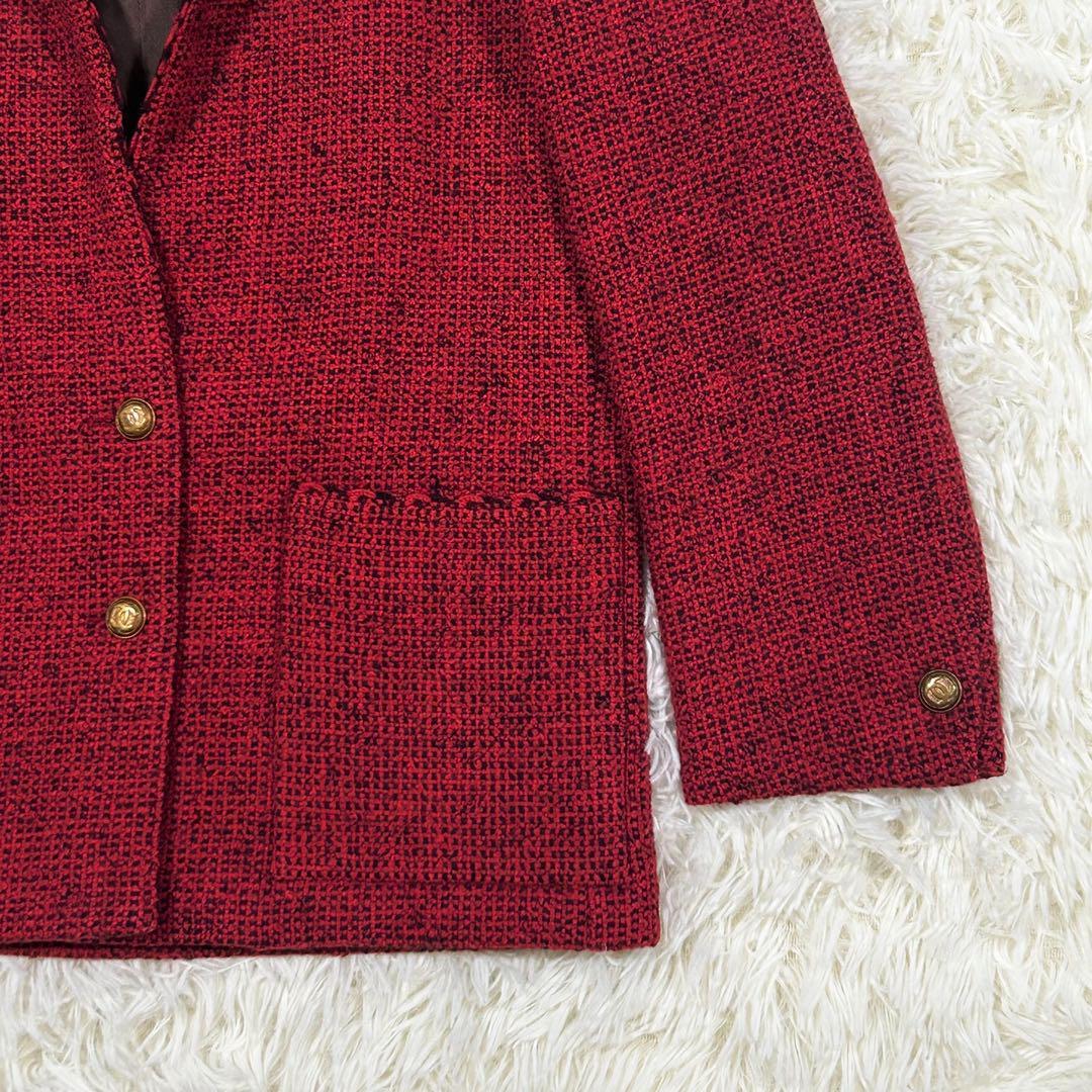 極美品　CHANEL ツイード　レッド　テーラードジャケット　金　ココ　ボタン