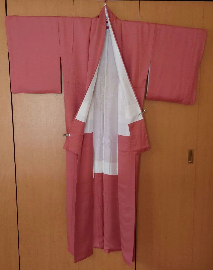 【美品】色無地フルセット　一つ紋　草花地紋　乾鮭色　正絹　袷　唐織六通袋帯