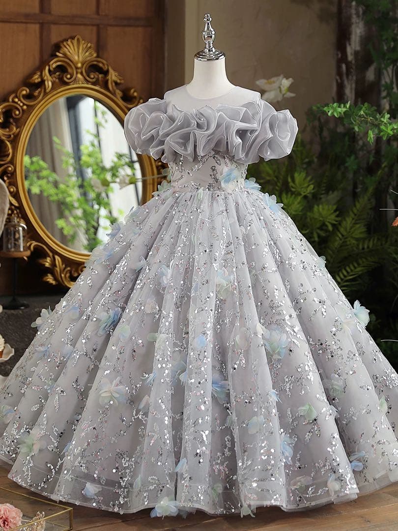 グレー フラワー フレアドレス 子供用ドレス　女の子ドレス　発表会　舞台