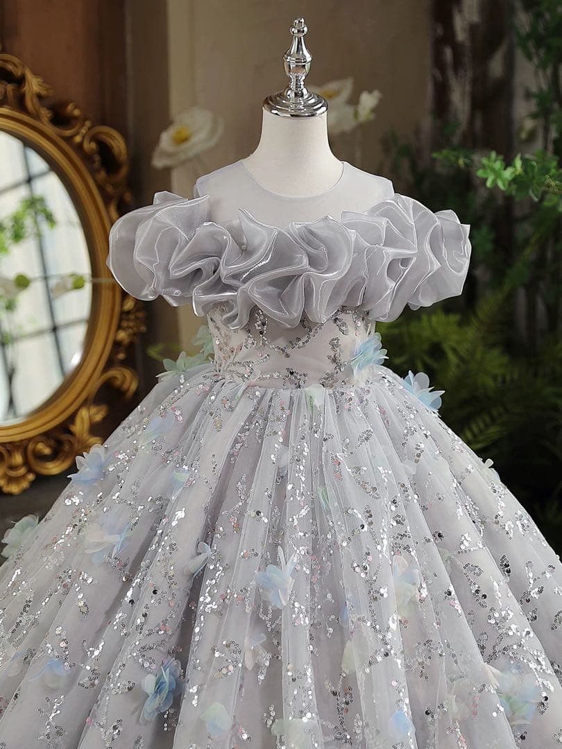 グレー フラワー フレアドレス 子供用ドレス　女の子ドレス　発表会　舞台