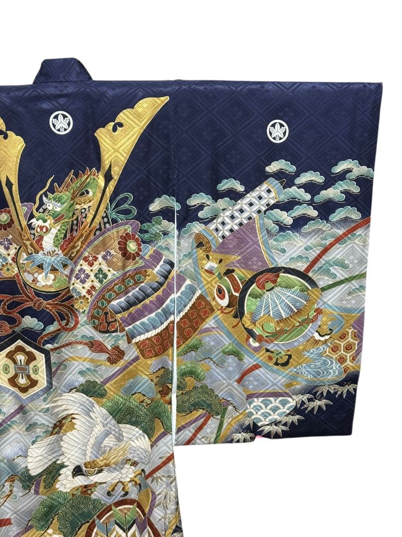 美品　正絹　お宮参り一つ身着物＆長襦袢セット　男の子　紺