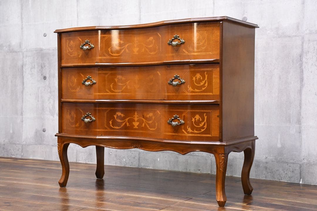 EAC72 イタリア製 象嵌細工 サイドチェスト 猫脚 彫刻 クラシック 3段