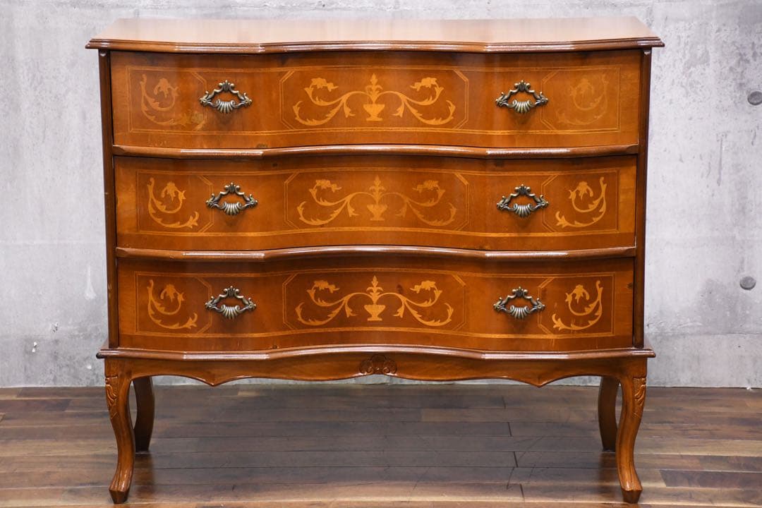 EAC72 イタリア製 象嵌細工 サイドチェスト 猫脚 彫刻 クラシック 3段