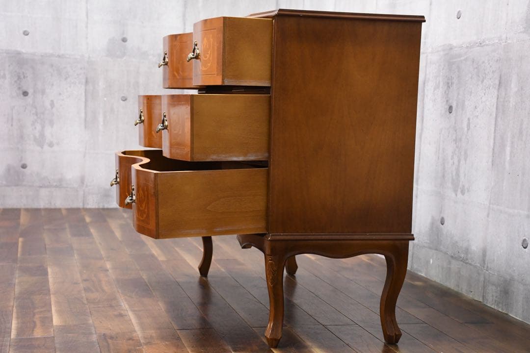 EAC72 イタリア製 象嵌細工 サイドチェスト 猫脚 彫刻 クラシック 3段