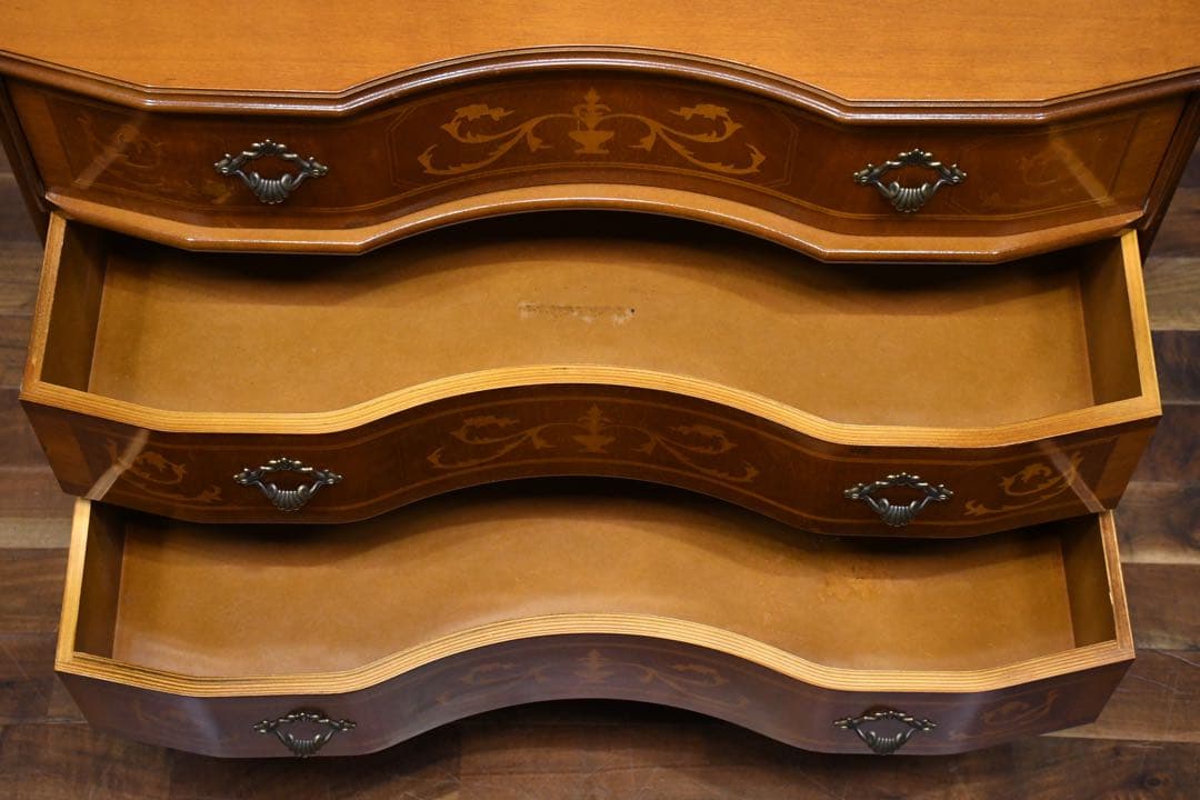 EAC72 イタリア製 象嵌細工 サイドチェスト 猫脚 彫刻 クラシック 3段
