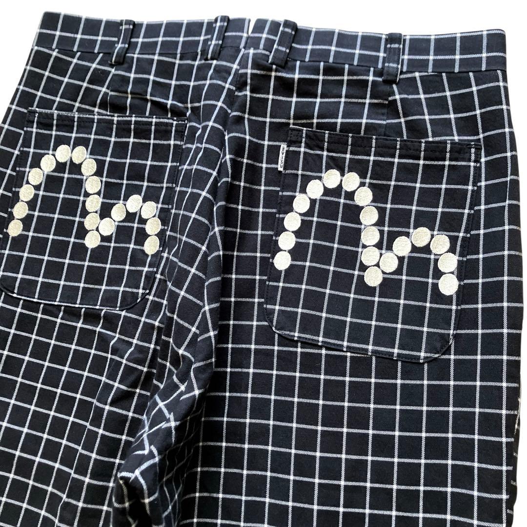 美品00s極太 EVISU 刺繍カモメ ワイドチェックパンツ Y2K ブラック