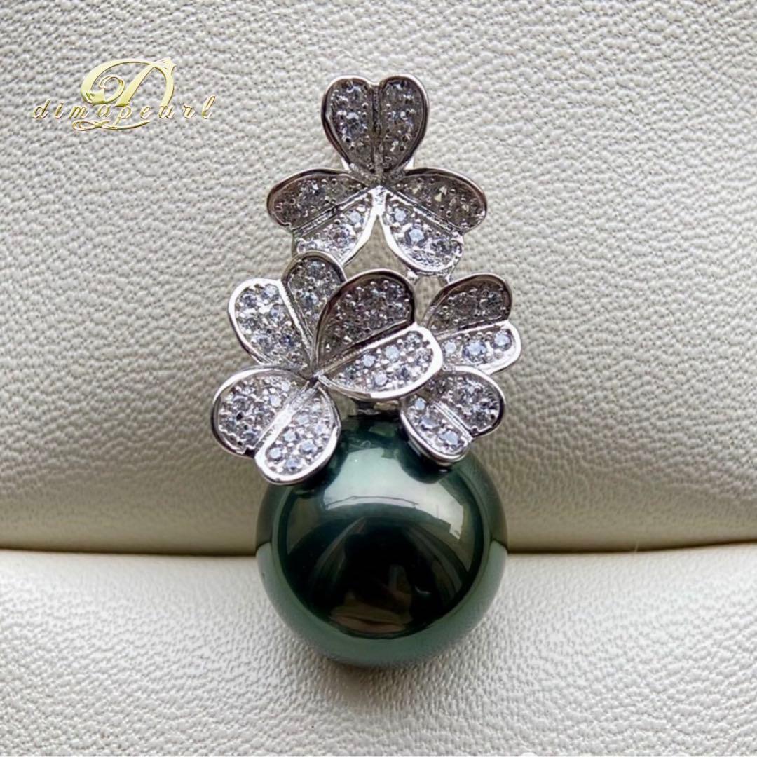 本真珠南洋黒蝶真珠グリーン11.56㍉s925ペンダントBEN946