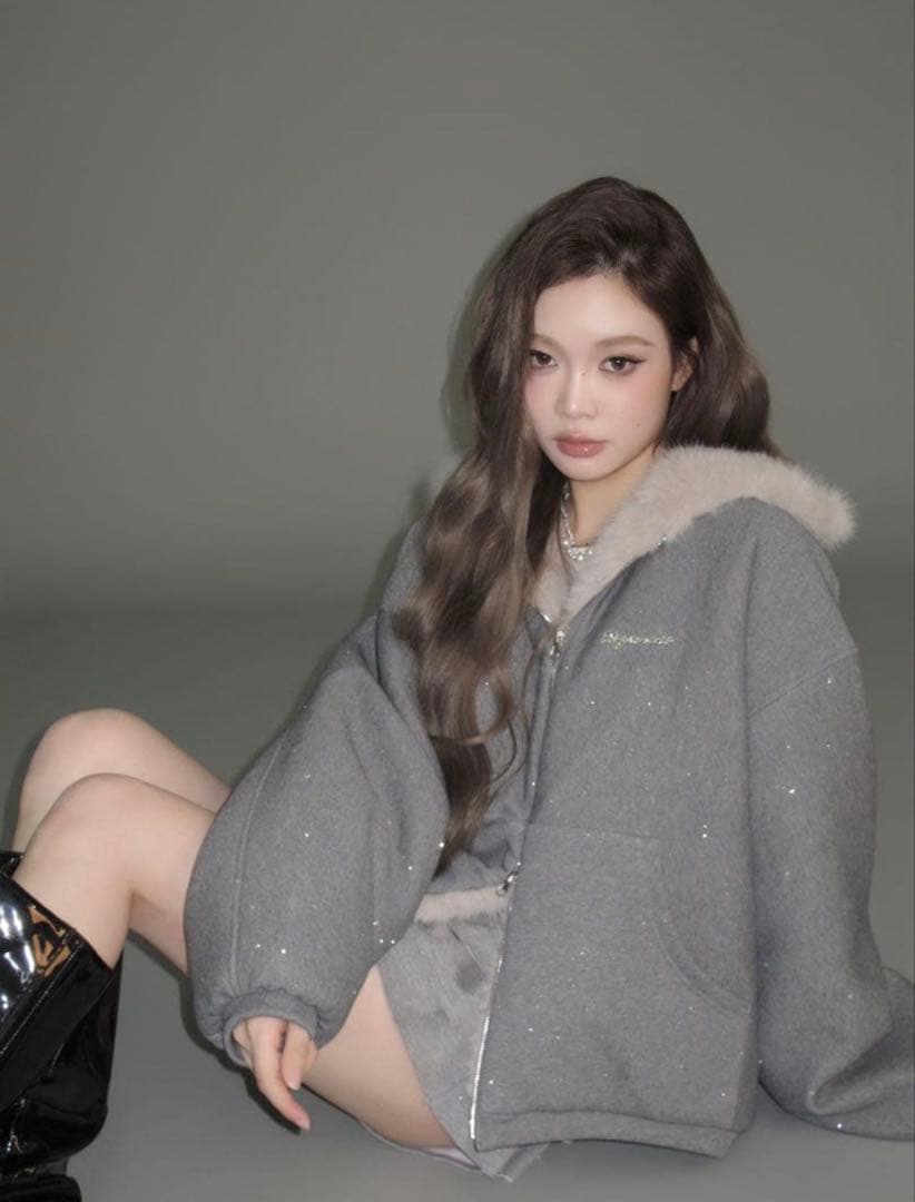 トップス andwang Kirakira 2way fur zip up gray