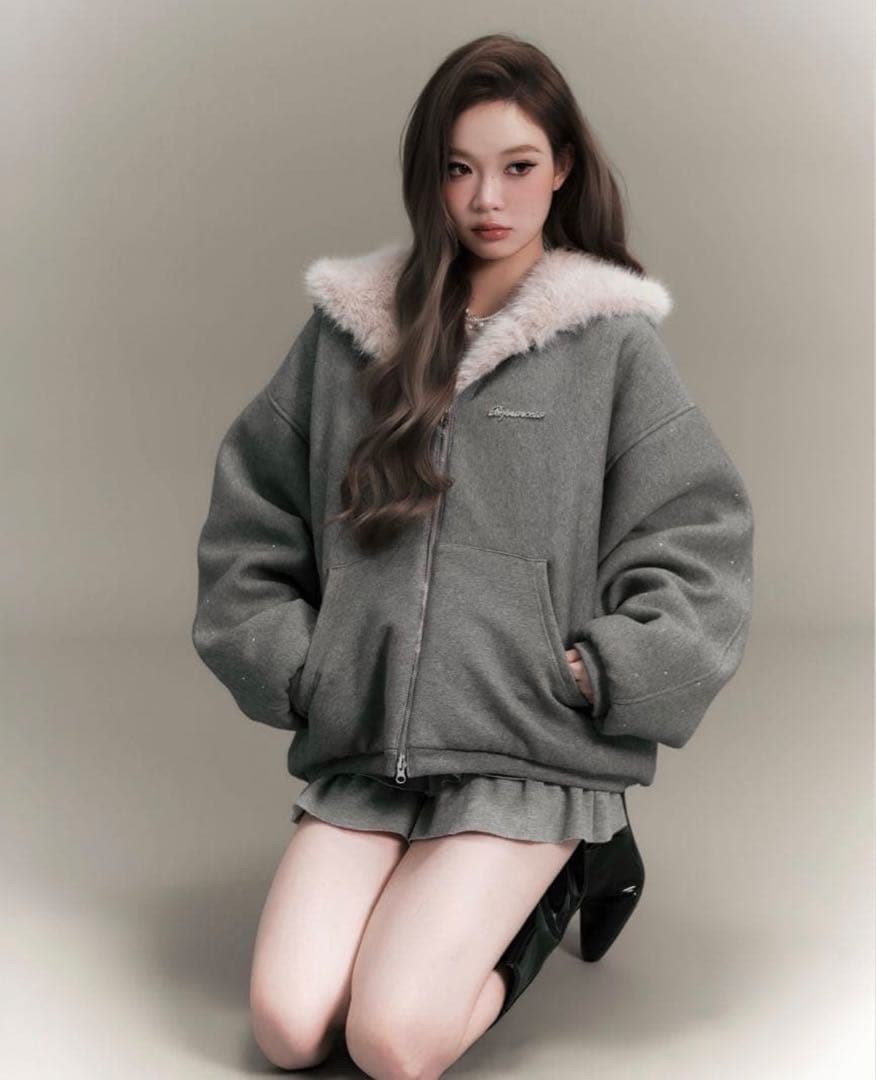 トップス andwang Kirakira 2way fur zip up gray