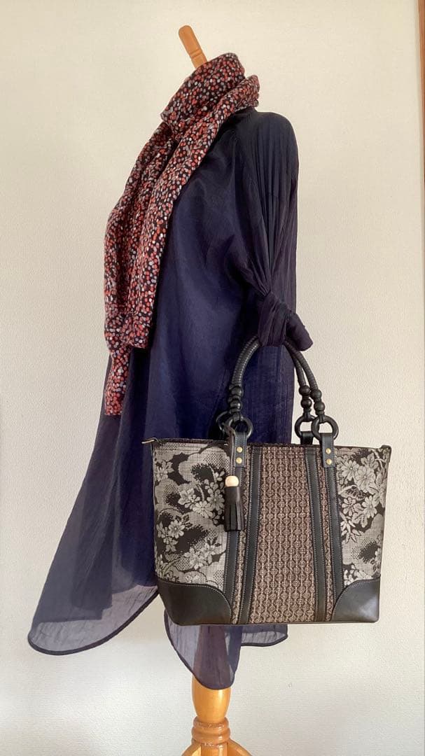 花柄 大島紬×本革 着物リメイク トートバッグ 和装バッグ ハンドメイド A4