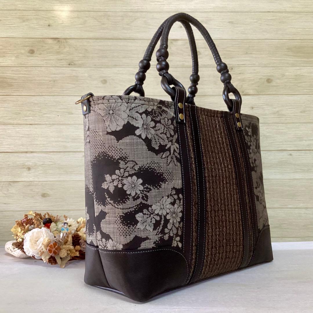 花柄 大島紬×本革 着物リメイク トートバッグ 和装バッグ ハンドメイド A4