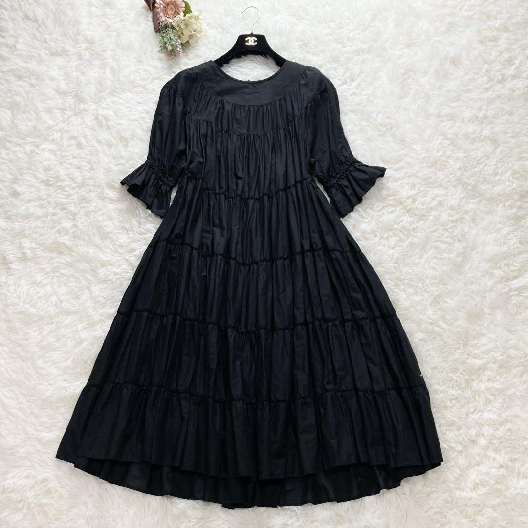 美品 マーレット PARADISE コットンパフスリーブティアードワンピース 黒