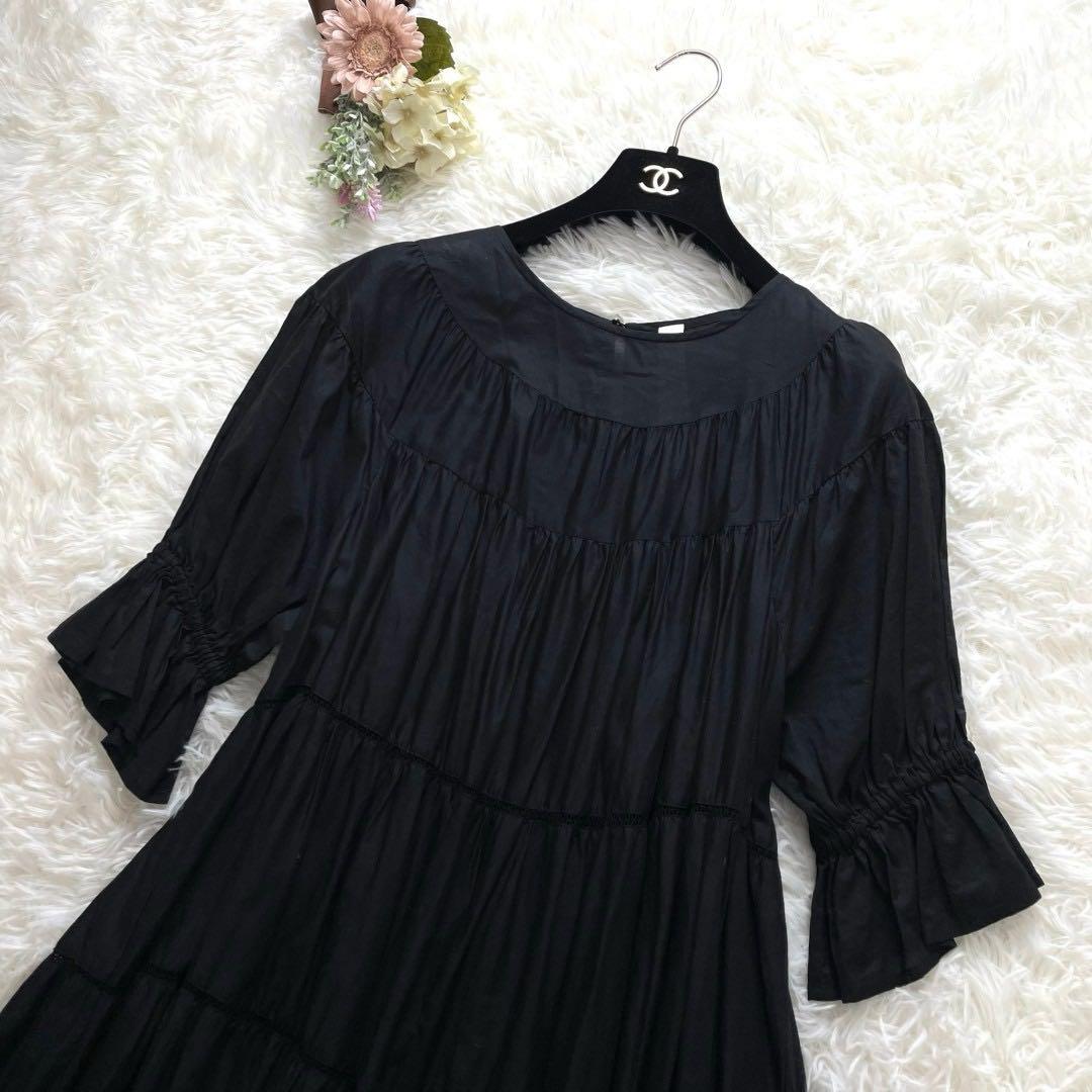 美品 マーレット PARADISE コットンパフスリーブティアードワンピース 黒