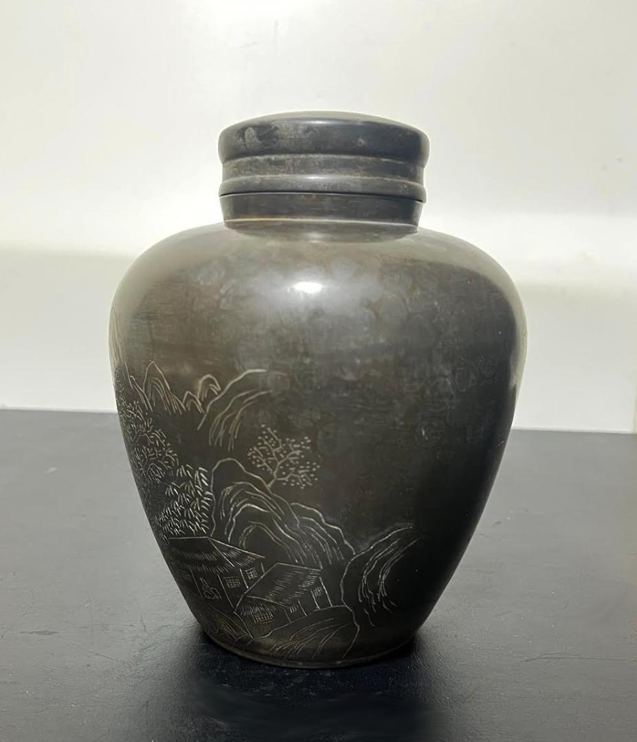 御錫屋天下一美作守款 一刀老人彫 　古錫　茶壷１８.５cm　茶心壺　茶入　煎茶