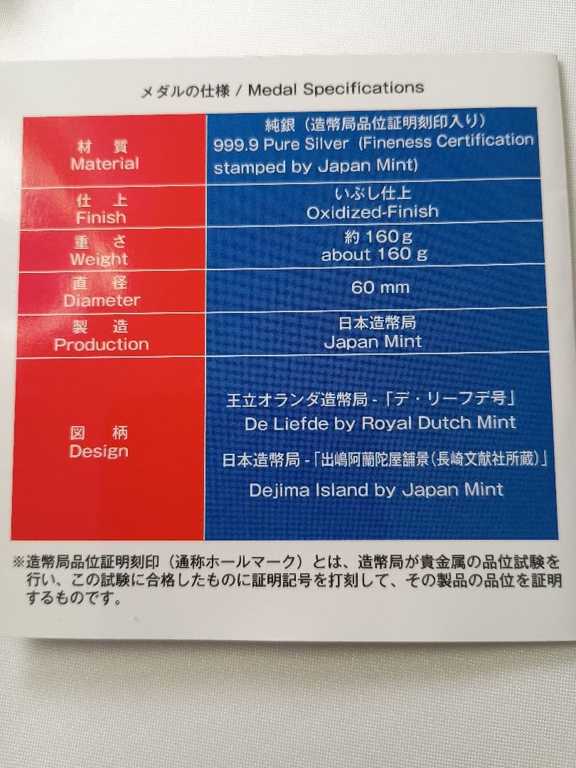日蘭通商400周年記念 純銀メダル 約160g