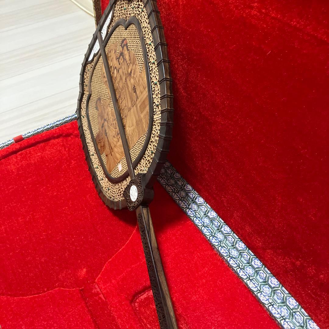 中国美術 唐木造 白檀透彫刻 翡翠 軍配型硯屏 団扇　唐物？