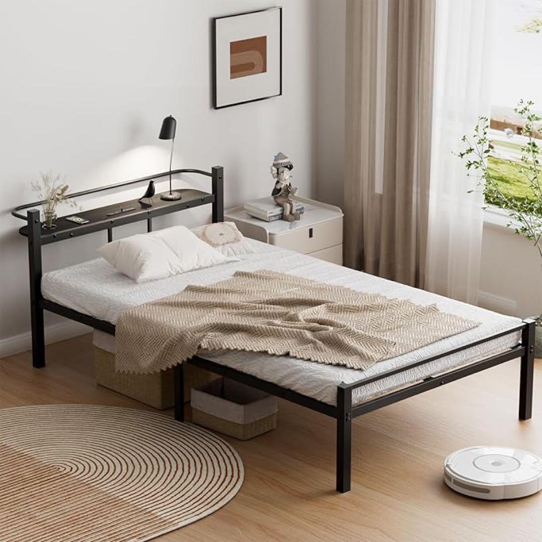 新品❣️べッドフレーム シングル ベッド 2口コンセント 耐荷重300kg 黒