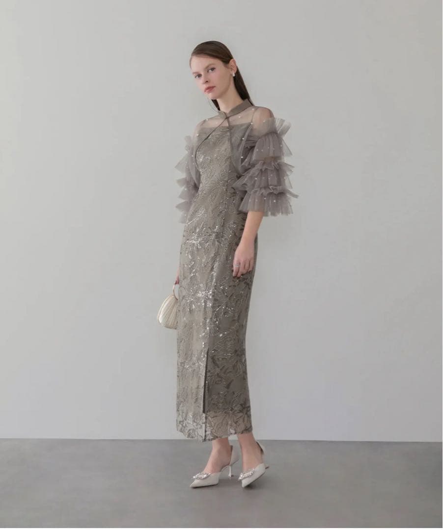 【完売品】 LejaパールフリルチュールボレロレイヤードIラインワンピースドレス