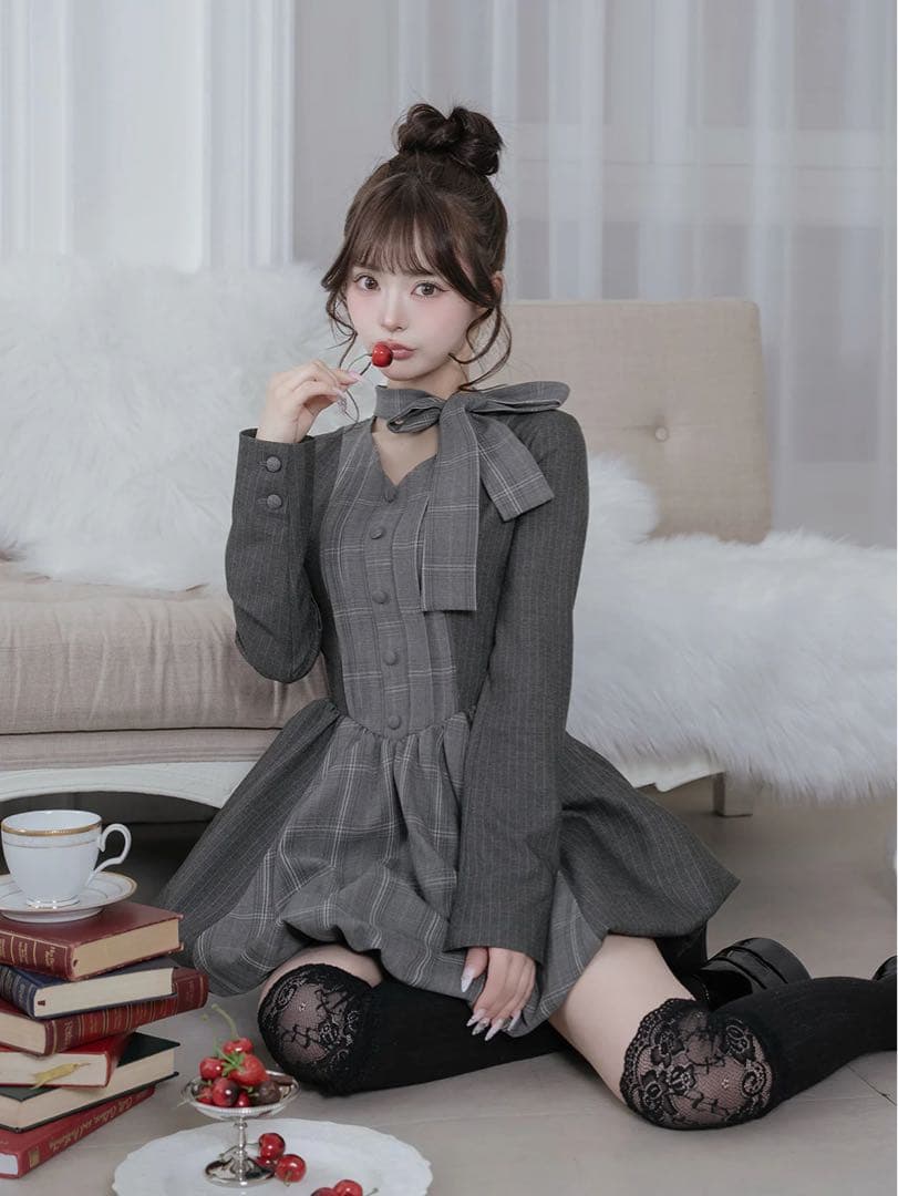 チェックストライプバルーンミニワンピース　FL GRY ノベルティーミラーつき