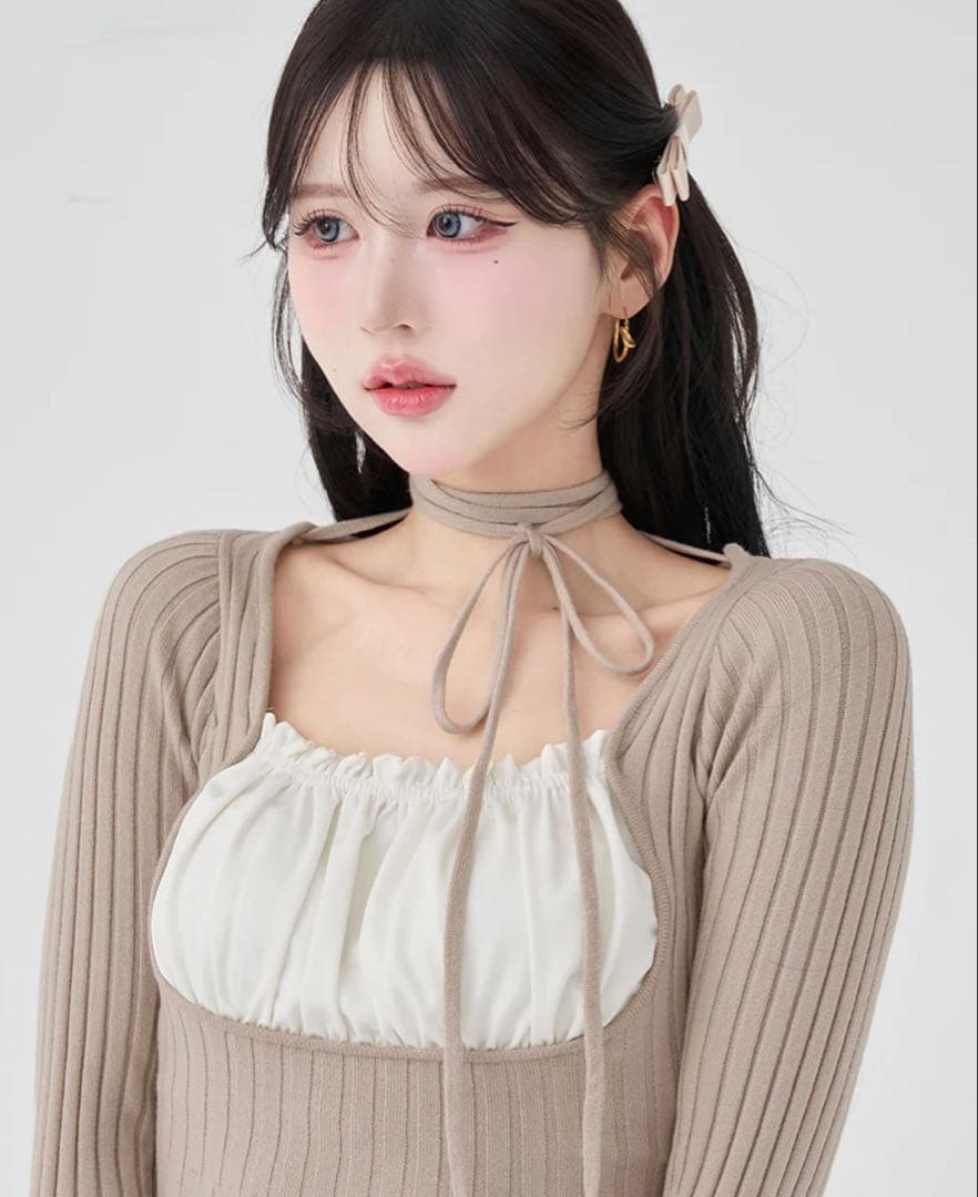 【ダーリッチ】ネックリボンデザインフレアニットミニワンピース