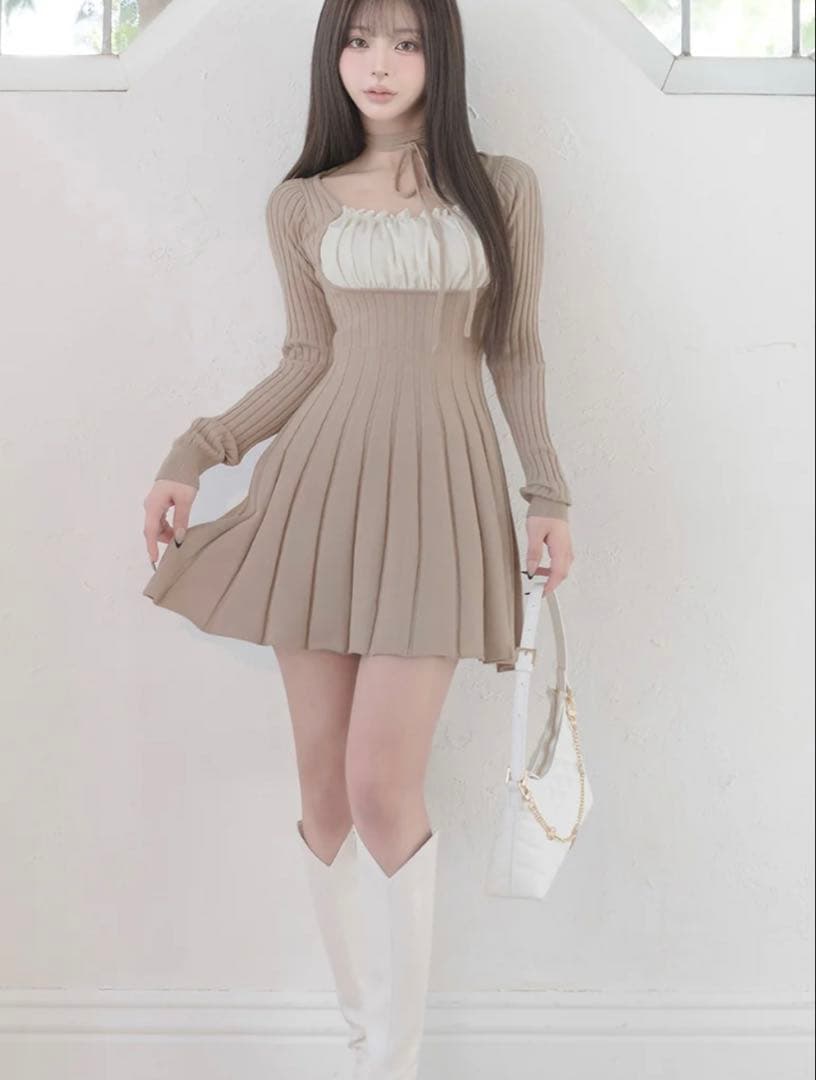 【ダーリッチ】ネックリボンデザインフレアニットミニワンピース