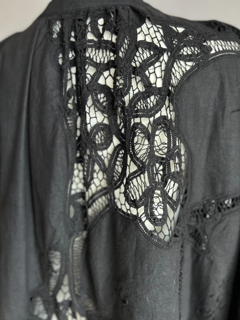 ヴィンテージテーブルクロス 黒 リメイクワンピース バテンレース 1点もの