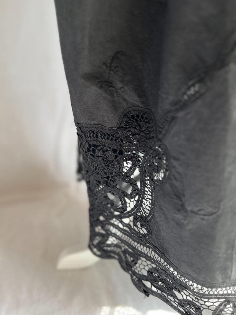 ヴィンテージテーブルクロス 黒 リメイクワンピース バテンレース 1点もの