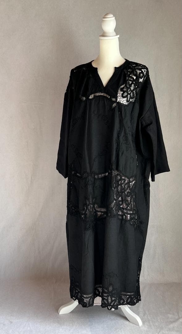 ヴィンテージテーブルクロス 黒 リメイクワンピース バテンレース 1点もの