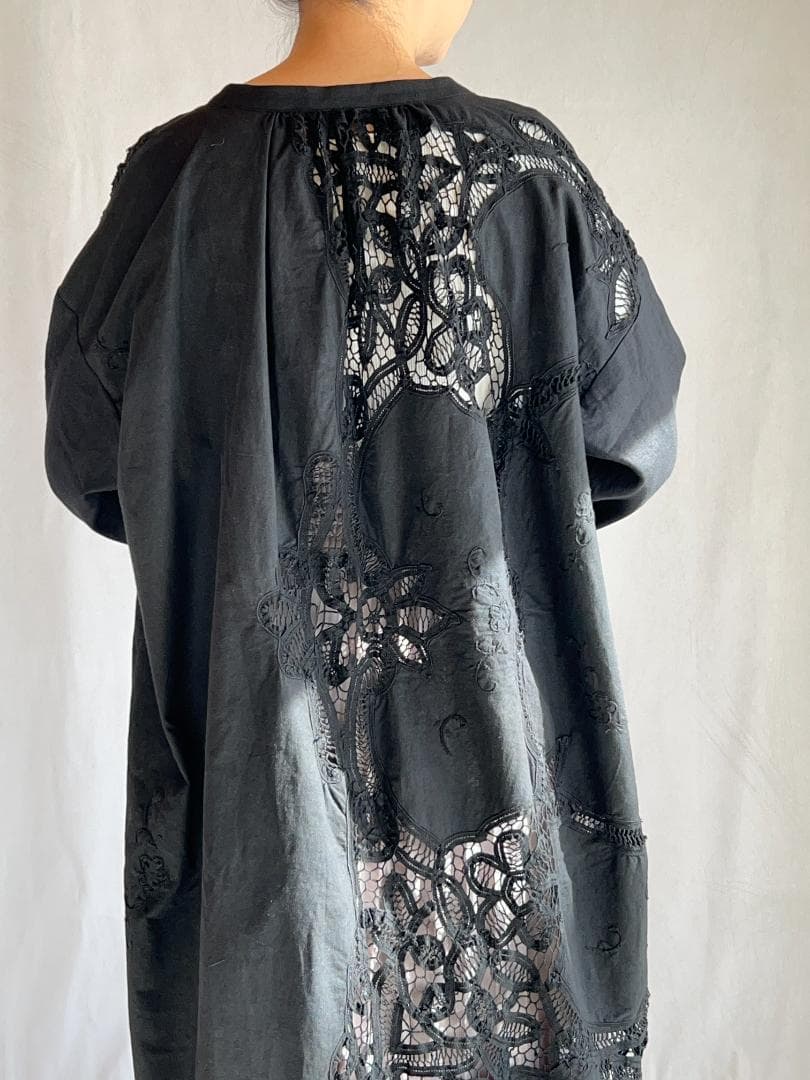 ヴィンテージテーブルクロス 黒 リメイクワンピース バテンレース 1点もの