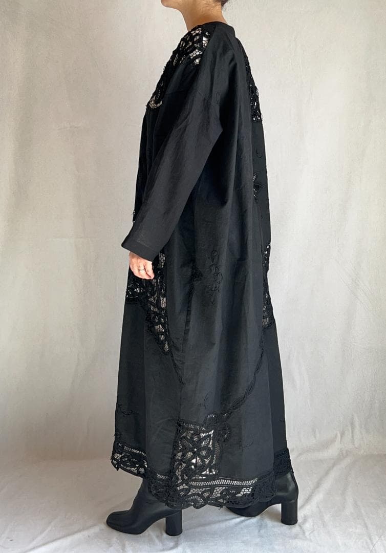 ヴィンテージテーブルクロス 黒 リメイクワンピース バテンレース 1点もの