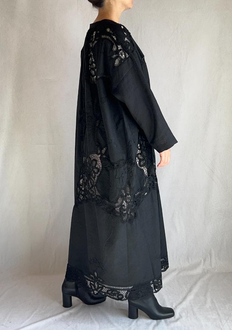 ヴィンテージテーブルクロス 黒 リメイクワンピース バテンレース 1点もの