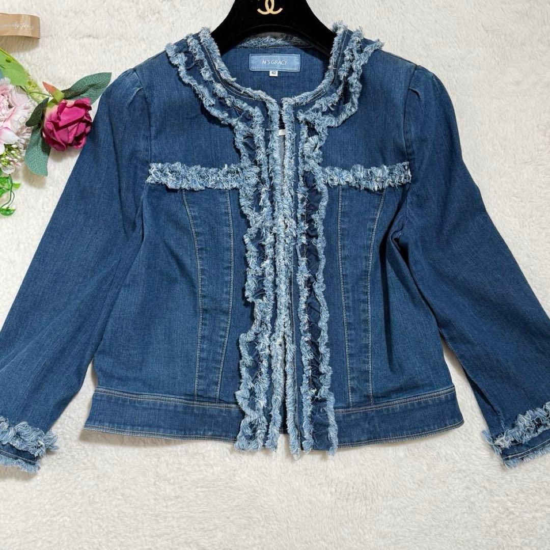 エムズグレイシー ノーカラー デニム ジャケット フリンジ 2024年