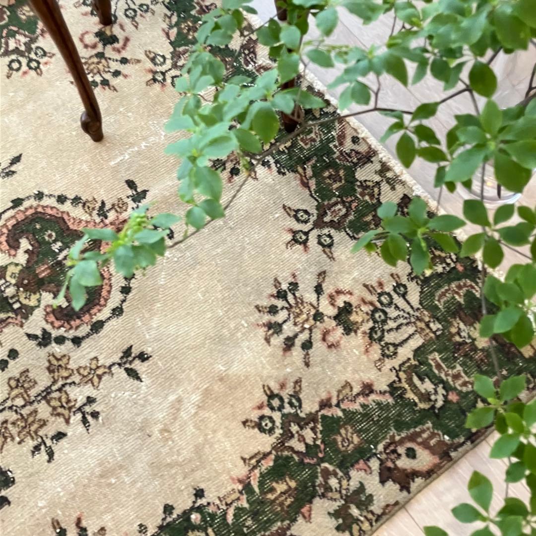 メダリオン113×199カーキ　リッチwool グリーン　トルコヴィンテージラグ