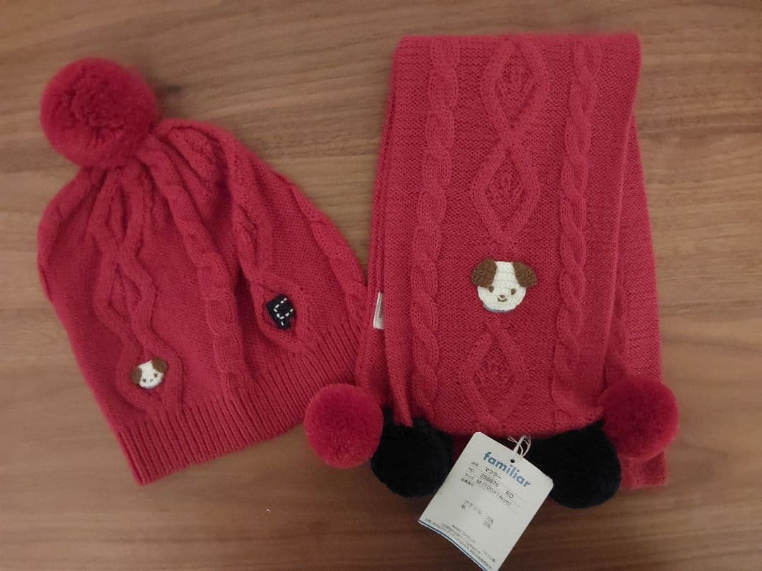 新品■familiar■マフラー&帽子セット■赤
