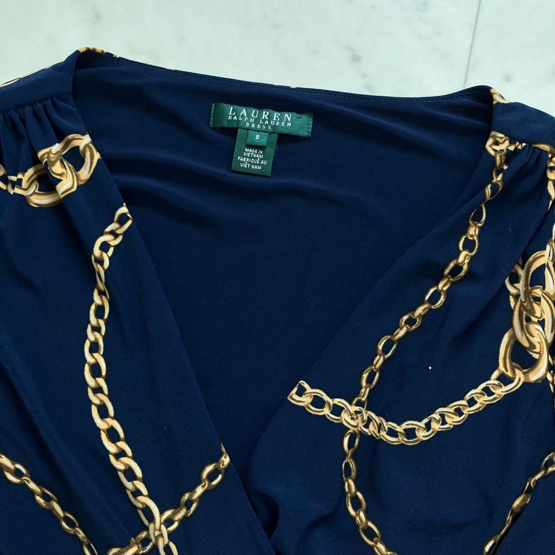 美品 ローレンラルフローレン ワンピース カシュクール ジャージー 鎖柄 青系