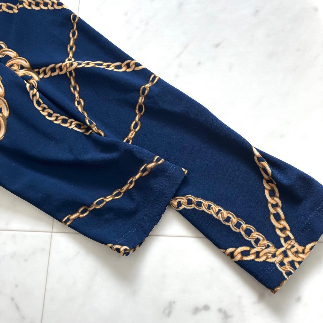 美品 ローレンラルフローレン ワンピース カシュクール ジャージー 鎖柄 青系