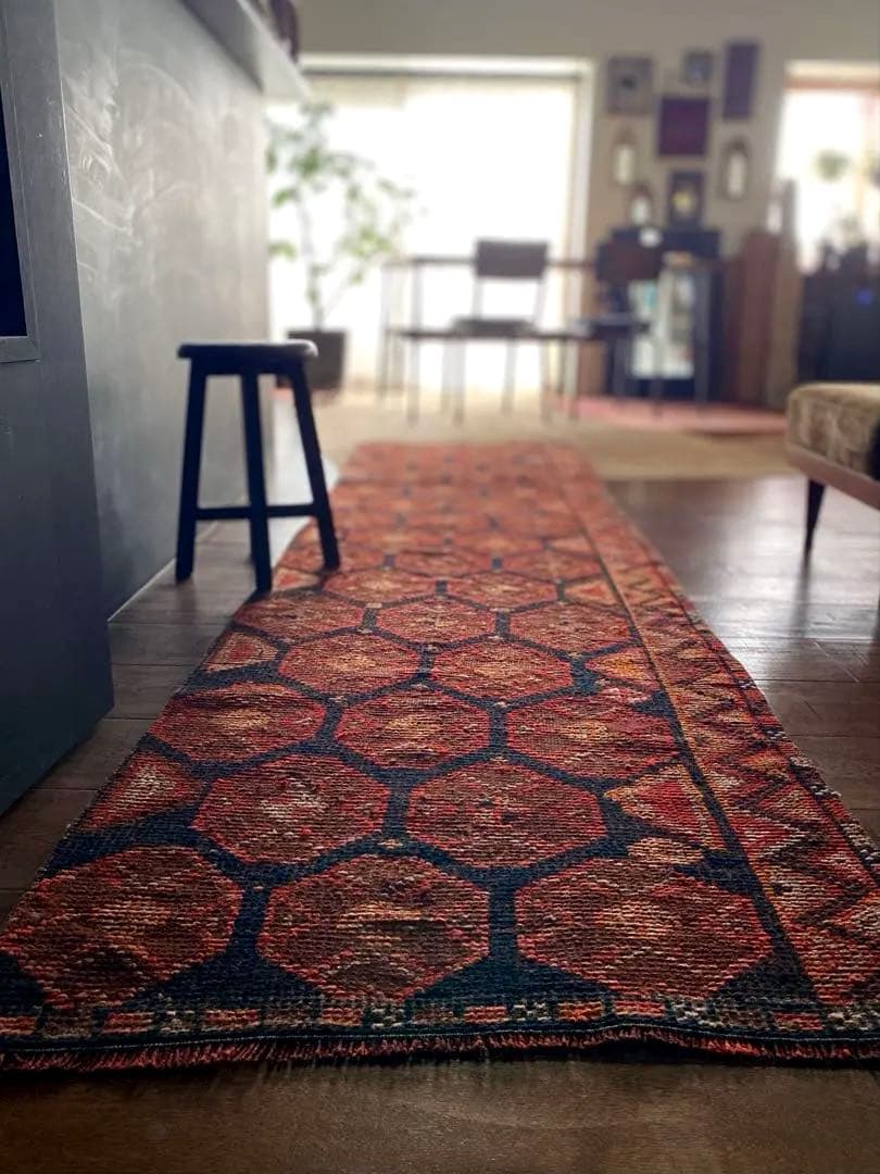 オレンジブラック　超ロングランナーラグ　ヴィンテージラグ　トルコラグ