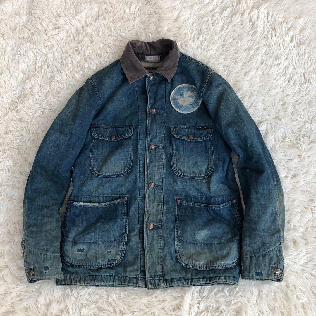 BLUE BLUEダメージ加工デニムカバーオール　デニムジャケット　ブルーブルー