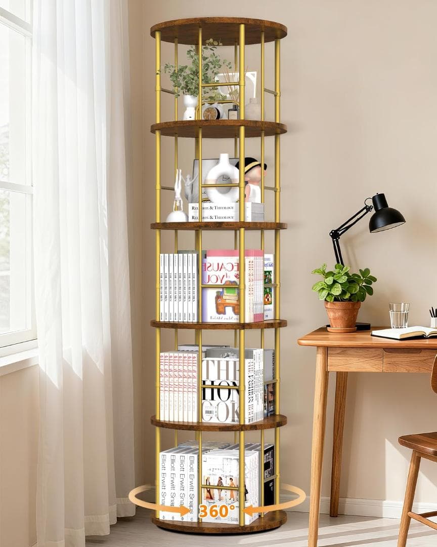 回転式本棚 5段 大容量 ブックシェルフ オープン本棚 落下防止設計 収納ラック
