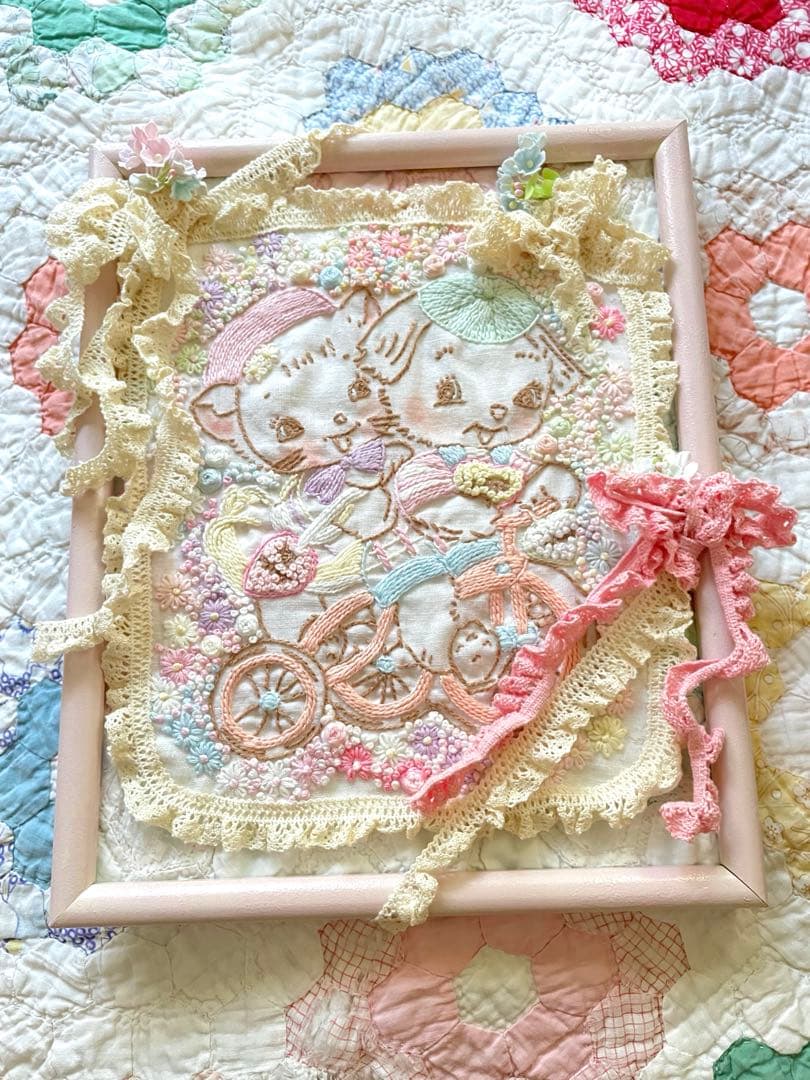 アンティークキルト＆アニマル刺繍フレーム♡ハンドメイド·͜· ♡