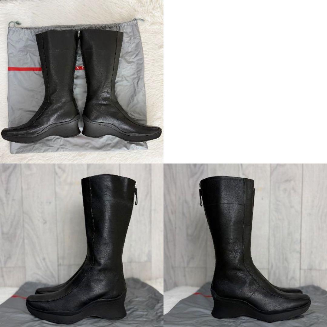 美品♡36♡23cm♡PRADA プラダ レッド ロゴ レザー ロングブーツ