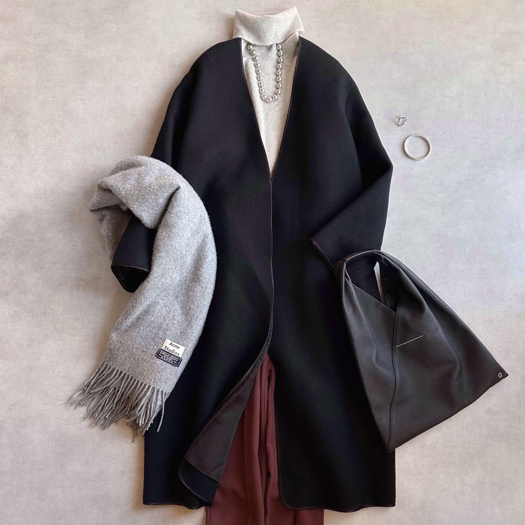 美品▲定価9.7万円▲ATON エイトン//ノーカラーウールメルトンコート 黒